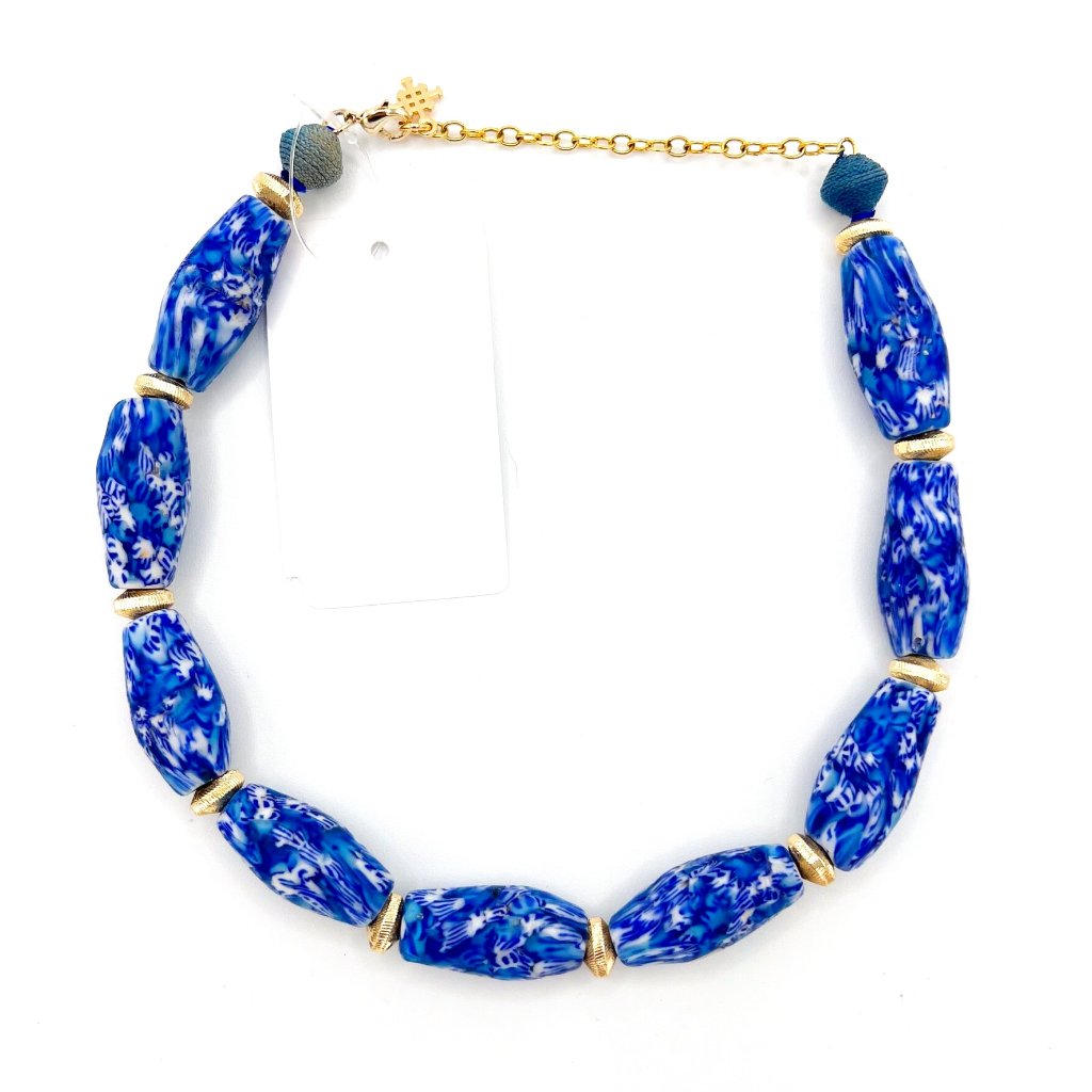Akola Marbled Glass & Raffia Statement Choker Necklace - Blue Multi